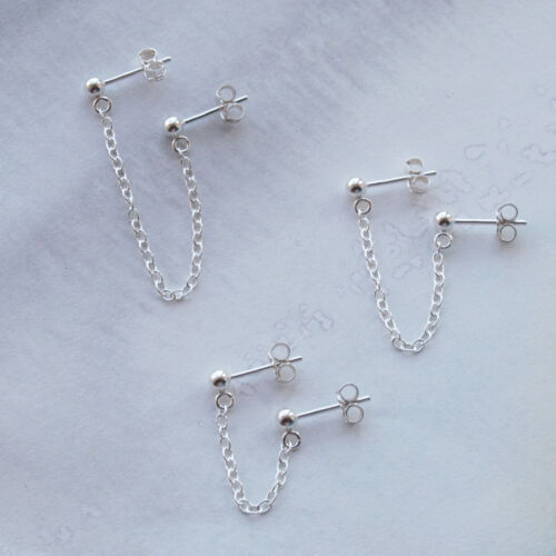Sterling Silver Double Lobe Piercing Earring - Chain Studs For Two Holes 925 - Picture 2 of 10