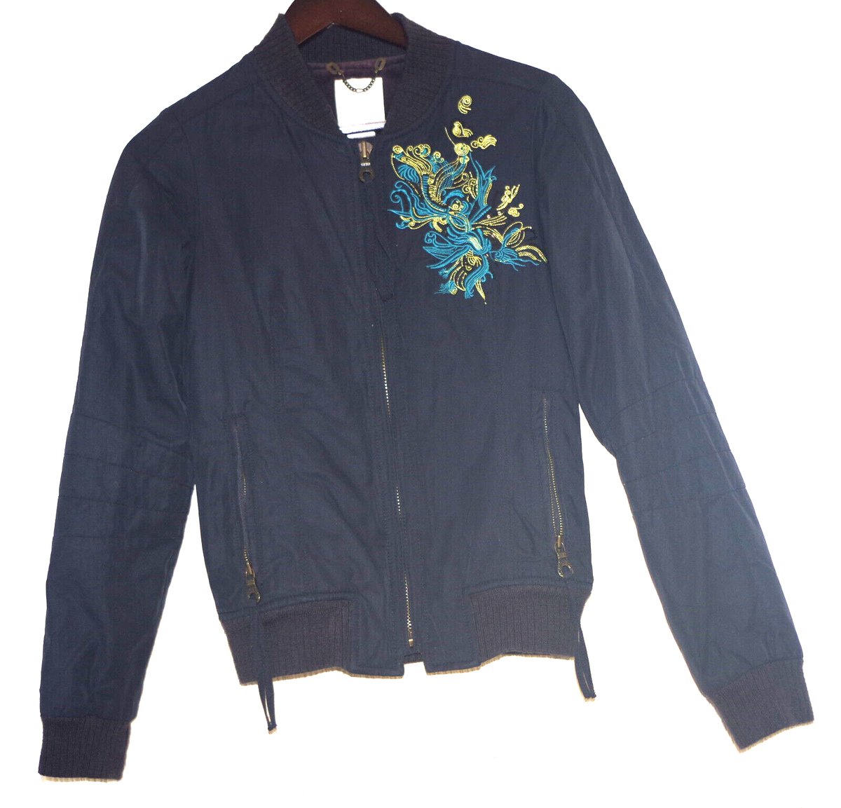 Diesel Navy Black Cotton Floral Embroidered Women Bomber Jacket