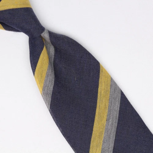 John G Hardy Mens Wool Silk Necktie Blue Gray Yellow Stripe Weave Lightweight