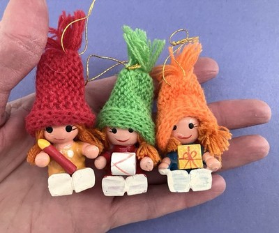 VTG Joy Bright wood Tomte Christmas ornaments 1970s girls knitted hats retro