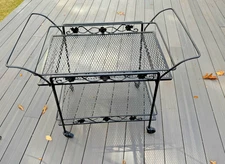 Vintage Woodard Wrought iron serving tea cart with mesh top and removable tray