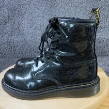 Dr Martens Combat Boots Glitter Y Womens Sz 6 Black Patent Leather Youth UK 4