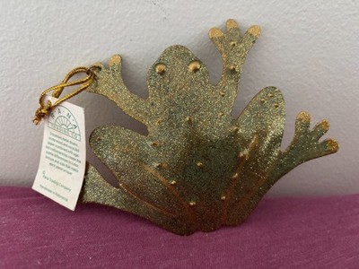 RANA Handmade METAL Frog ORNAMENT Tag 4'' Sparkly gold finish Hanging