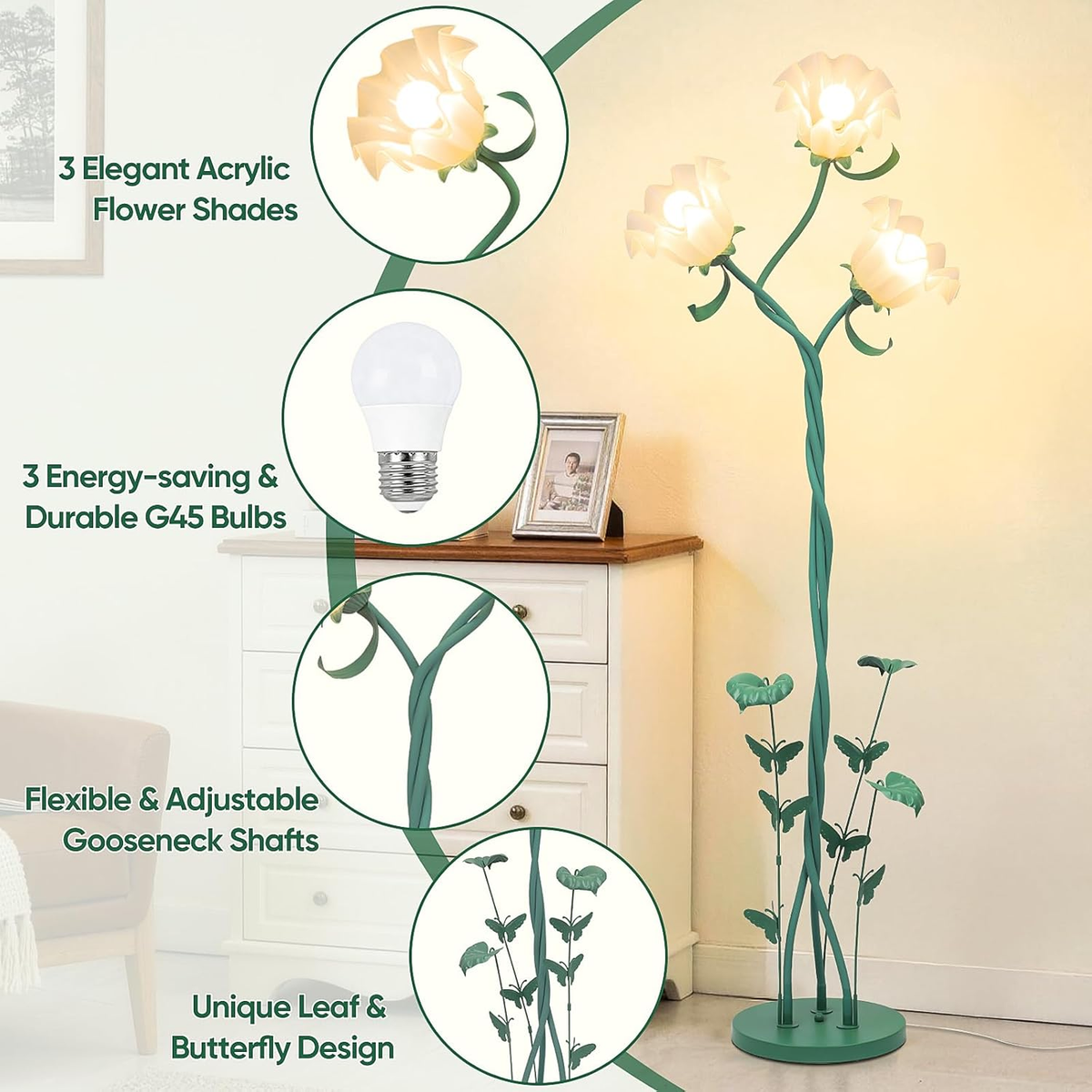 Vintage Floral Floor Lamp with Flexible Gooseneck - 3-Light Green