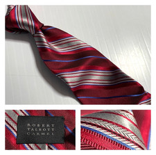 ROBERT TALBOTT CARMEL Vibrant Red Silver Blue Stripe Silk Tie Hand Sewn USA