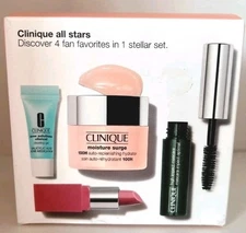 4 PC Clinique All Stars: Moisture Surge,  Mascara, Lip Pop & Acne Gel NEW BOXED