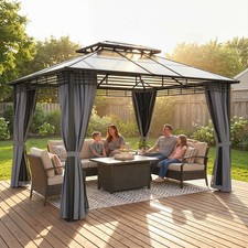 3 x 3.6 m Hardtop Gazebo with 2-Tier PC Roof, Permanent Metal Gazebo, Dark Grey