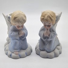 Vtg Christmas Around the World Ceramic Praying Angel PAIR Tapered Candle Holders