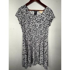 Michael Kors Black White Floral Leaf Print Short Sleeve Fit Flare Dress P/L
