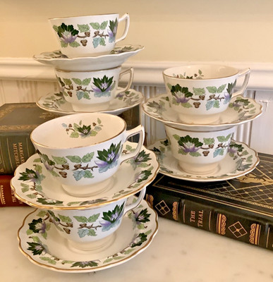Vtg Booths JADE LOTUS Porcelain Tea/Coffee Cups & Saucers, Lot of 6, England
