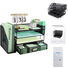 4 Tier Metal Desk File Organizer Vertical Sorter Paper Tray and Drawer Black
