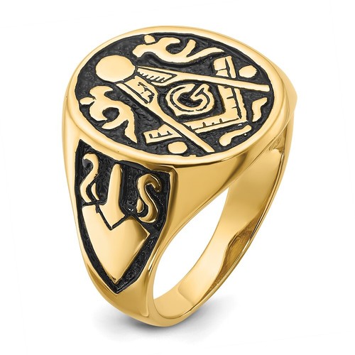 14k Yellow Gold Polished and Grooved with Black Enamel Masonic Ring Size 10 - Picture 8 of 9