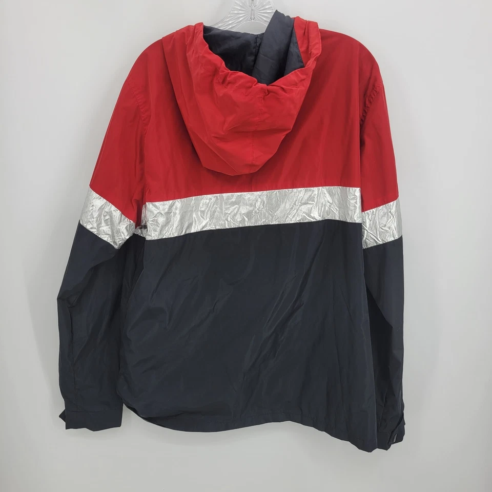 Forever 21 Mens Large Jacket Red Silver Black Zip Up Hood Windbreaker Y2K 90s - Image 2 of 4