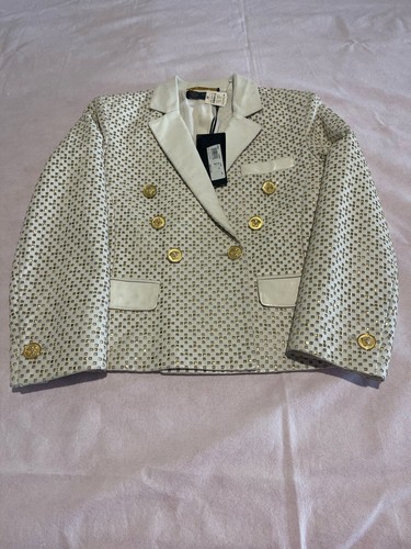 Versace Embellished Leather Jacket Gold Tone Medusa Button Size 2 38 - Picture 16 of 17