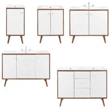 White Mid Century Modern Walnut Bathroom Vanity Ceramic Sink Single Double