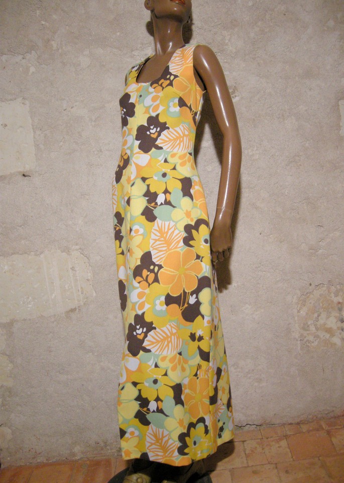 Robe Longue Vintage Années 70 - Style Maxi Pop Coloré, Taille 38, Coton/poly - Occasion