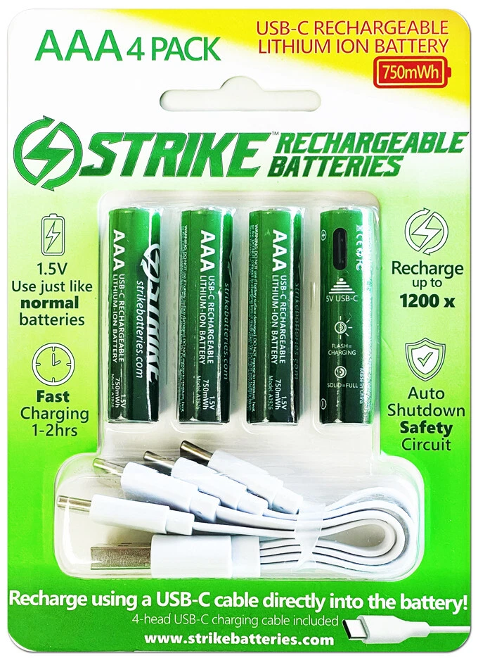 AAA Rechargeable Battery Portable with USB cable 4 pack 1.5V 750mWh Smart LED