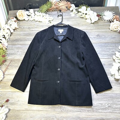 TALBOTS Jacket Size Large Suede Like Rain Coat Black Womens Button Down