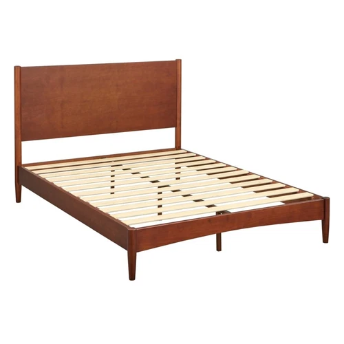 Mid Century Platform Bed Frame with Headboard Queen Size Solid Wood Walnut Brown