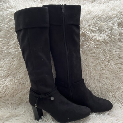 Predictions faux Suede Black Knee Boots Folder Over Double Strand Ankle  Sz 6