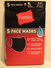 NEW SEALED ADULT HANES 5 PACK BLACK WASHABLE COTTON FACE MASK MASKS FAST SHIP