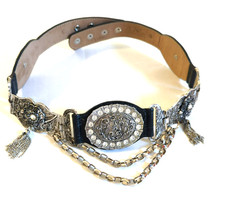 RARE Vtg Cache Belt S Black Hanging Chains Embossed Medallions Boho Goth Artsy