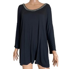 NEW Cable & Gauge Top blouse black bat wing rhinestone neckline slit shoulders