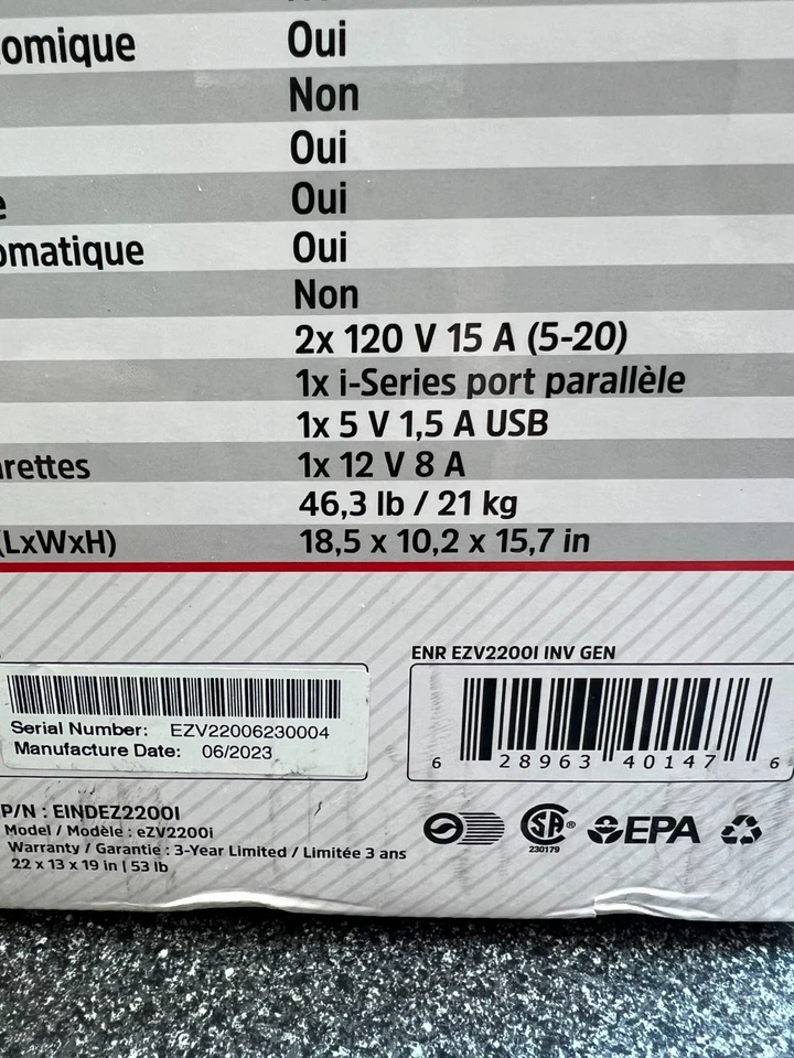 全新 Energizer 变频发电机 2200 瓦 eZV2200i — 第 3/3 张图片