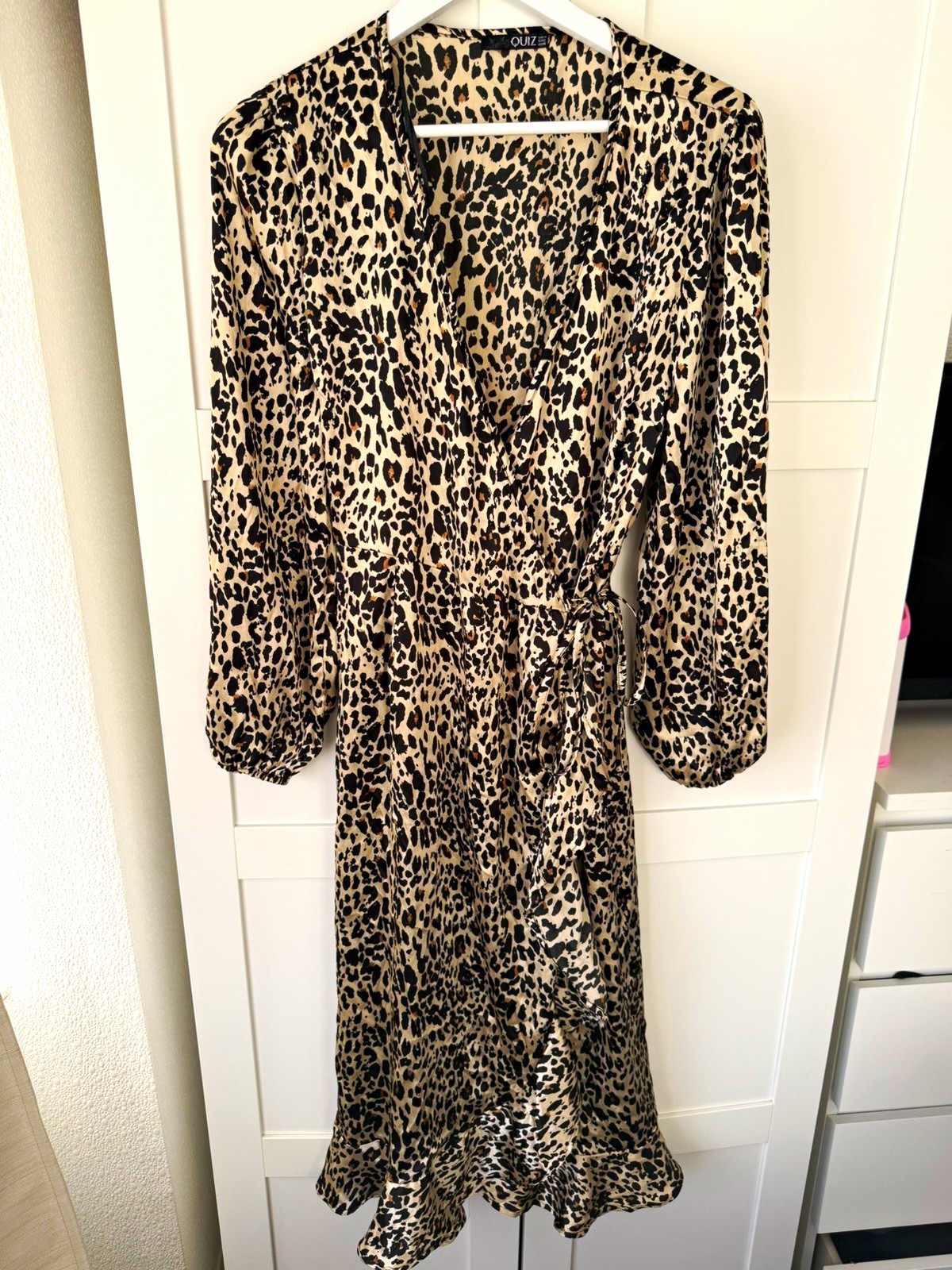 Quiz Size 14 Beige Black Leopard Animal Print Wrap V-Neck Midi Dress Tie