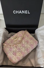 CHANEL VIP Gift Half Moon Tweed Mini Bag Ecru/Pink Champagne Gold