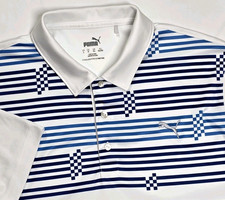 PUMA POLO Performance Glitch Stripe Mens L White Blue Short Sleeve Golf