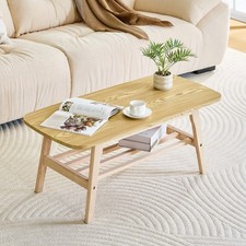 2-Tier Solid Wood Coffee Table Wooden Center Coffee Table with Storage Shelf