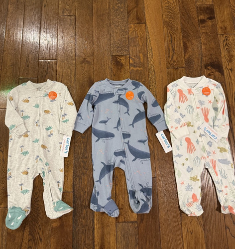 Baby Boy 6 Months Carter's Cotton Footed Sleeper Pajama Lot Bundle Dinosaur Fish