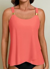 Hanna Nikole Tankini Top Women's Tummy Control Swim Top U Neck Coral M