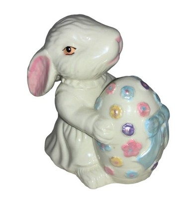 White Ceramic Girl Bunny Holding Easter Egg Decoration 5 Inch