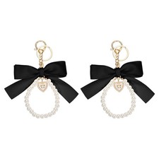 2Pcs Ribbon Bow Keychain Pearl Wristlet Keychain Heart Pendant, Black
