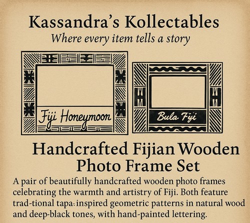 Handcrafted Fijian Tapa Wooden Photo Frame Set – “Fiji Honeymoon” & “Bula Fiji” - Picture 2 of 16