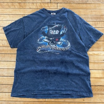 Harley Davidson Skull Card Dealer T-Shirt Blue Stone Wash Size XL Made In USA