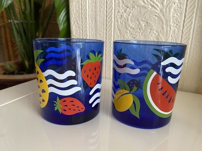 Paar Vintage Retro 80er Stil Cerve Italy blau Glas Gläser Tumbler Obst sehr guter Zustand