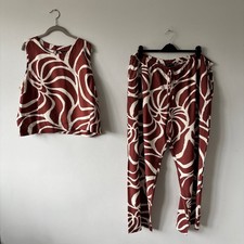 New Look Co-ord Trousers Top Outfit Set Size 22 Brown White Abstract Pattern
