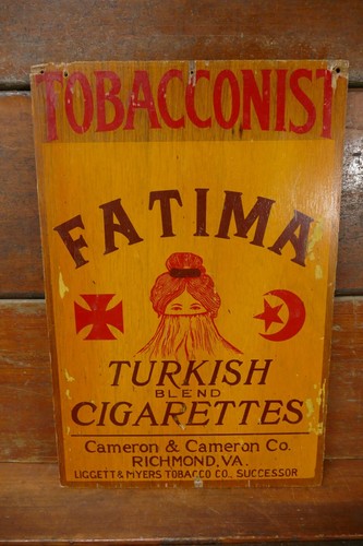 Vintage Fatima türkische Zigaretten doppelseitig aus Holz Werbeschild Richmond VA