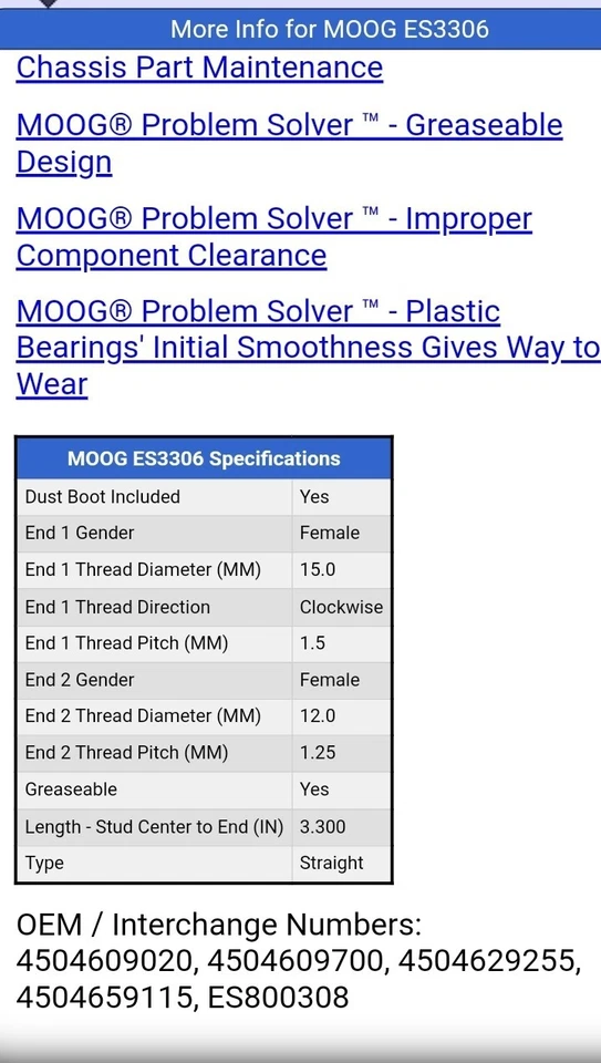 Lexus RX300 1999-2003 3,0 L V6 extremos de barra de amarre exterior delantero 2 piezas Moog MO ES3306 Foto 3 de 3