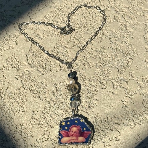 Cherub Broken China Pendant Caged in Silver Blend Metalwork with Crystal Beads - Picture 13 of 15