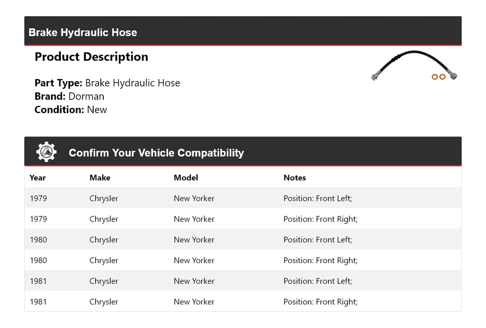 Гидравлический шланг тормоза для Chrysler New Yorker Dorman 1979-1981 годов выпуска 1980 - Изображение 2 из 3