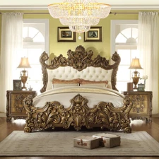 Luxury King Poster Bed Antique Gold & Brown Carved Wood Old World Baroque Rococo
