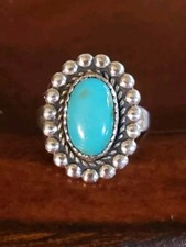 Sterling Silver TURQUOISE Ring, Bead Border, Size 5.5, Handcrafted Southwestern