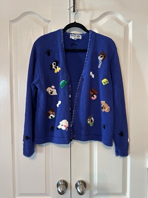 Vintage Jack B Quick Dog Appliquéd Cardigan Sweater Large Royal Blue