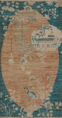 Peach/ Teal Green Art Deco Chinese Small Rug 2x4 Wool Hand-knotted Foyer Carpet