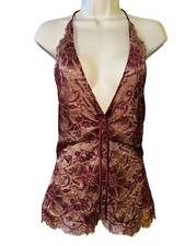MARC BOWER Metallic Floral Lace Top Plunge Sexy Halter Burgundy Gold Size 12