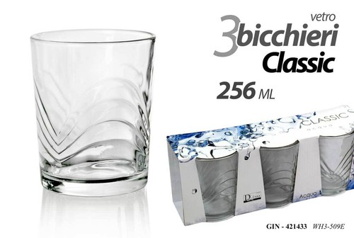 SET 3 BICCHIERI DA TAVOLA ACQUA VINO ROSSO BIANCO VETRO CLASSIC TRIS 256 ML - Foto 2 di 2